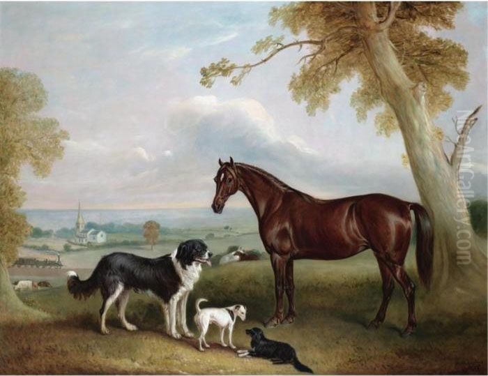 A Chestnut Hunter And Three Dogs
 Belonging To William Brewitt In A Landscape With A Steam Train And Two 
Churches In The Distance Oil Painting by John Snr Ferneley