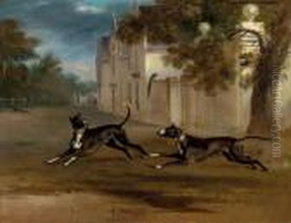 Earl Brownlow's Two Bull 
Terriers Nelson And Argo, Running In The Grounds Of A Country House Oil Painting by John Snr Ferneley