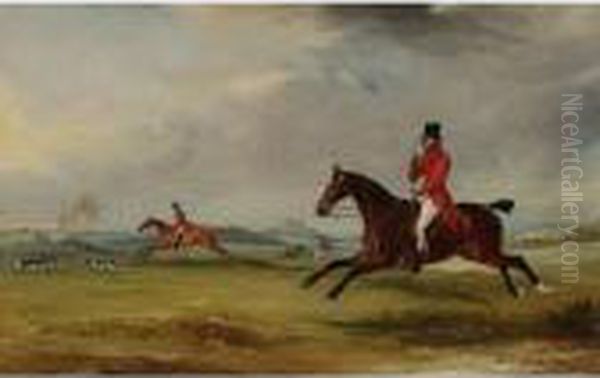 Lord Robert Manners On Benefit, 
Lord Charles On Featherlegs, And The Duke Of Rutland Hunting Near 
Belvoir Castle Oil Painting by John Snr Ferneley