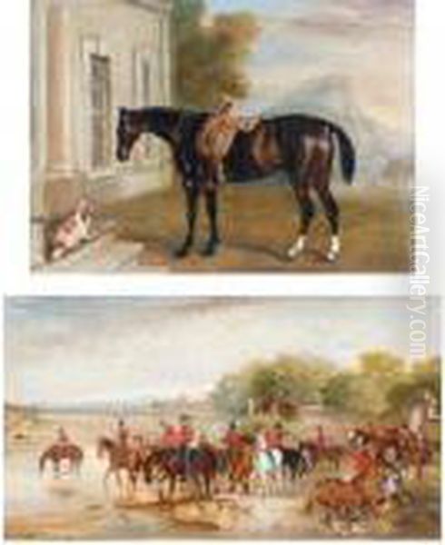 Light Dragoons Watering Their 
Mounts; And A Dark Bay Hunter Outside A House With A Spaniel Oil Painting by John Snr Ferneley