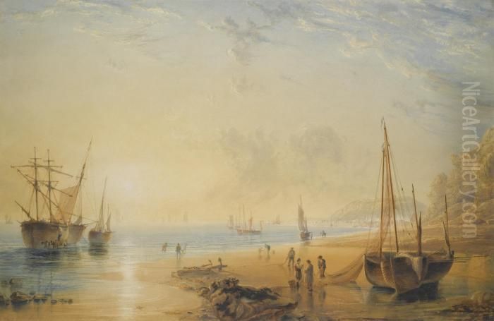 Fisherfolk On The Shore Near Dover At Sunset Oil Painting by Anthony Vandyke Copley Fielding