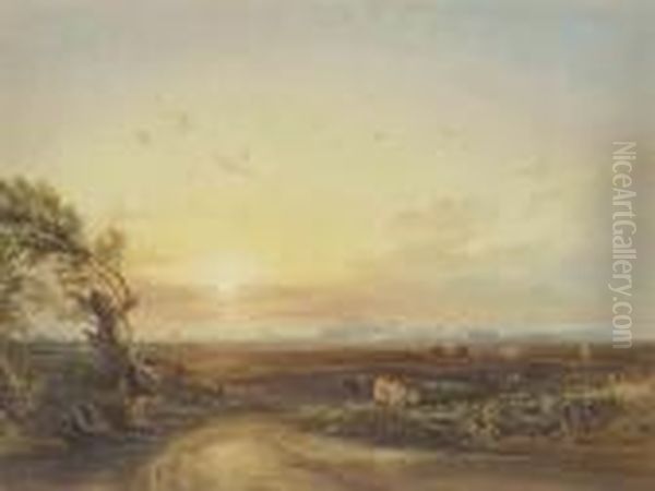 A Drover Herding His Cattle 
Through A Field At Sunset, Pevenseycastle Beyond, East Sussex Oil Painting by Anthony Vandyke Copley Fielding