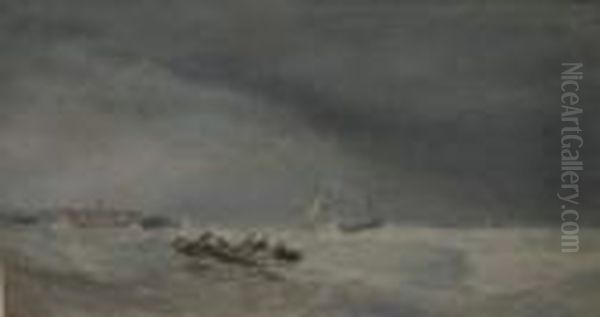 Figures In A Row Boat In Choppy 
Seas, A Sailing Vessel In Distress In Background, Town On The Shore In 
The Distance Oil Painting by Anthony Vandyke Copley Fielding