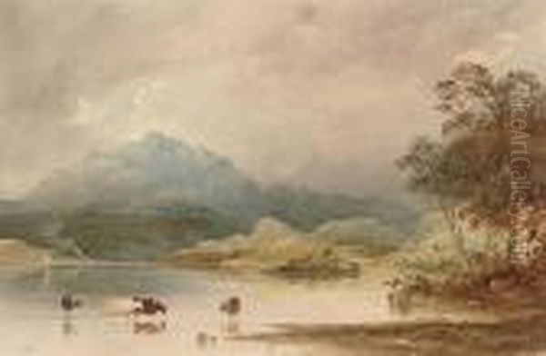 Cows Wading Through A Lake, A 
Mountain Beyond (illustrated); Andtwo Men Dragging A Dinghy Ashore, A 
House Beyond Oil Painting by Anthony Vandyke Copley Fielding