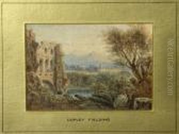 A Ruined Abbey Close To A River 
Withtwo Figures In The Foreground, With A Village And Mountains In 
Thebackground Oil Painting by Anthony Vandyke Copley Fielding