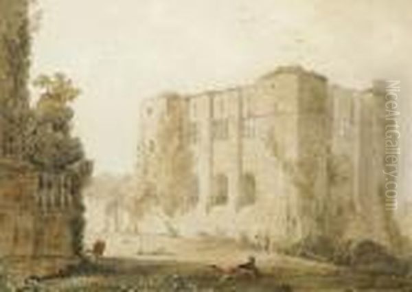 Cows In A River Landscape; 
Figures By A Lake; A Harvest Scene; Cows In A River; A Ruined Castle 
Scene; And A Fishing Scene Oil Painting by Anthony Vandyke Copley Fielding