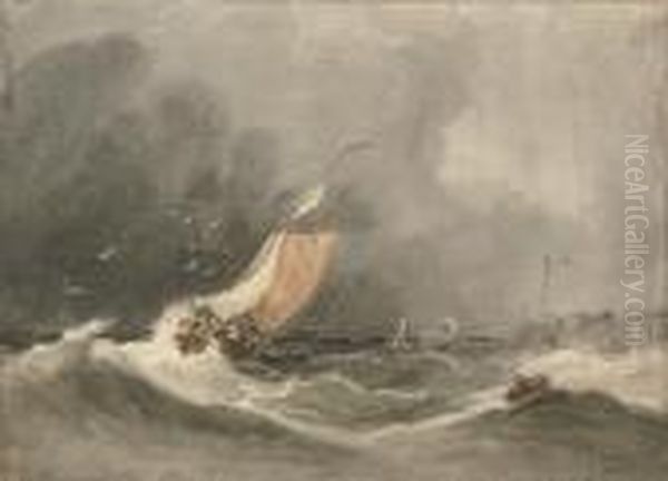 A Fishing Vessel In Stormy Seas Oil Painting by Anthony Vandyke Copley Fielding