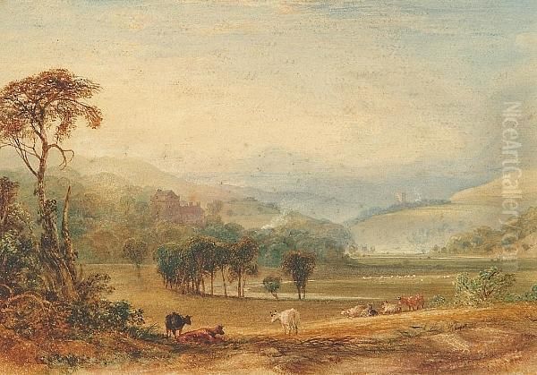 An Extensive River Landscape 
With Cattle Grazing In The Foreground, Sheep And Hills In The Distance Oil Painting by Anthony Vandyke Copley Fielding