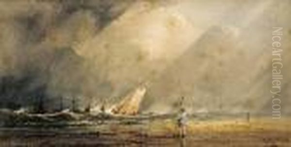 A Figure Standing On A Beach With Shipping Beyond Oil Painting by Anthony Vandyke Copley Fielding