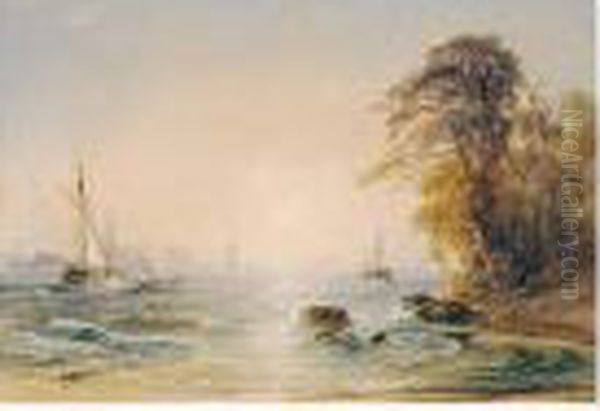 Plymouth Sound From Mount 
Edgcumbe, Looking East To Drake's Island - The Citadel And Mount Batten Oil Painting by Anthony Vandyke Copley Fielding