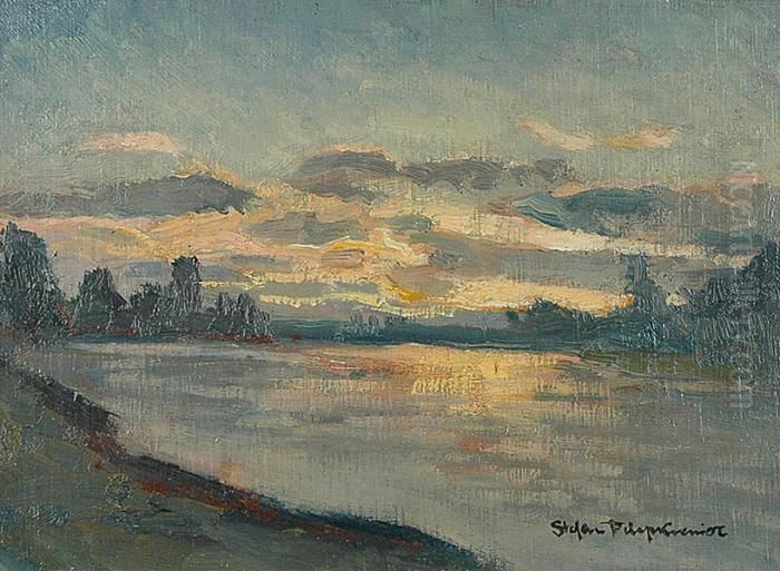 Pejzaz Nadwodny Z Zachodem Slonca Oil Painting by Stefan Filipkiewicz