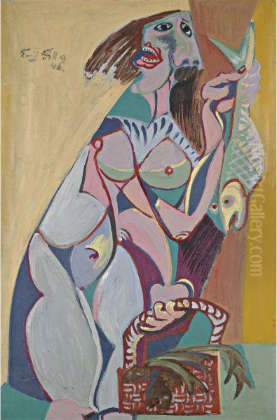 Woman Selling Fish Oil Painting by Emil Filla