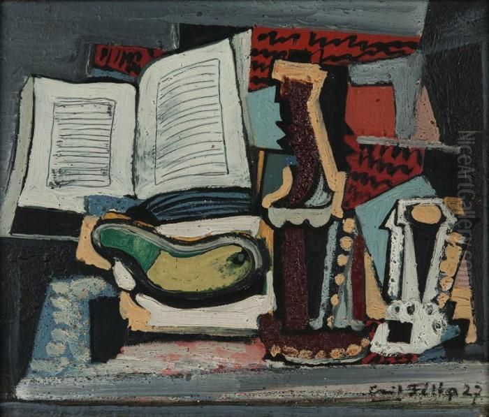 Zatisi S Nadobami, Bananem A Knihou Oil Painting by Emil Filla