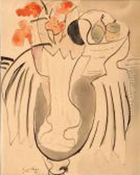 Zatisi S Kytici A Misou S Ovocem Oil Painting by Emil Filla