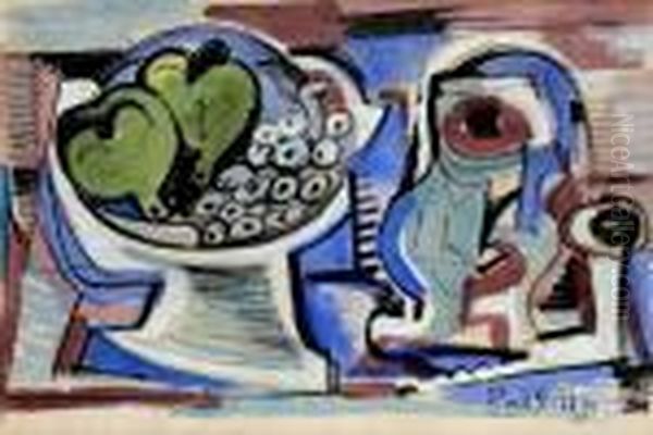 Zatisie S Misou Ovocia Adzbanom Oil Painting by Emil Filla