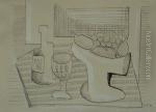 Zatisi S Lahvi, Sklenici Aovocem Oil Painting by Emil Filla