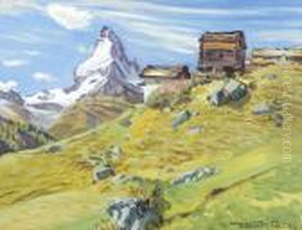 Hutten In Stafeln Bei Findelen Mit Matterhorn Oil Painting by Waldemar Fink