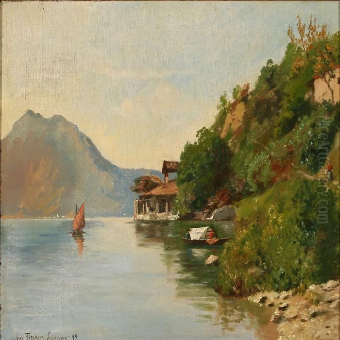 Summer Dagy At Lake Lugano, 
Switzerland Oil Painting by August Fischer