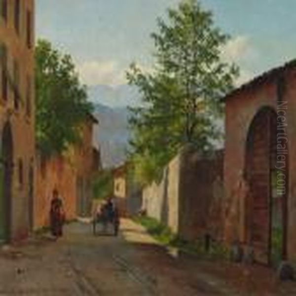 Italian Village With Cart And Woman Oil Painting by August Fischer
