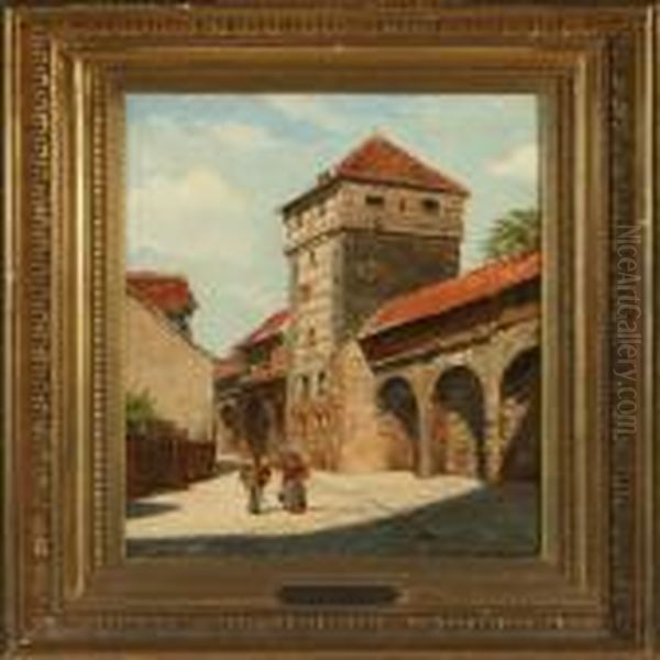 Cityscape From Nurenberg With Couple By Town Wall Oil Painting by August Fischer