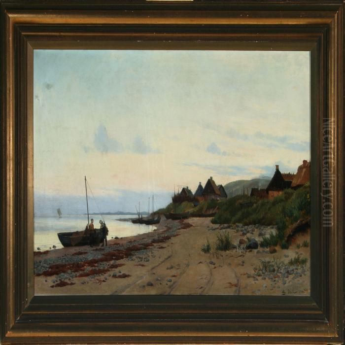 Boats And Fishermen At
The Beach Oil Painting by August Fischer