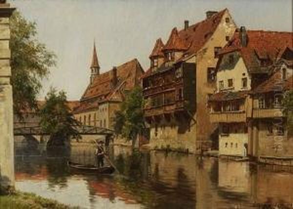 Nurnberg - Partie An Der
 Pegnitz. Oil Painting by August Fischer
