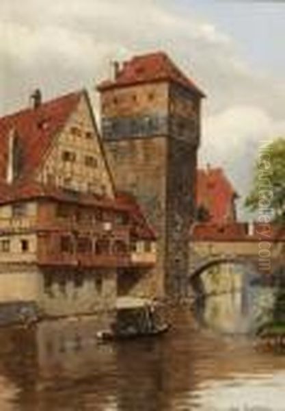 Blick Auf Den Henkersteg In
 Nurnberg. Oil Painting by August Fischer