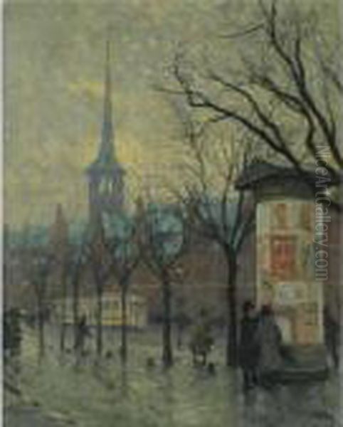 Borsgade Overfor Borsbygningen, 
Kobenhavn (borsgade Outside The Stock Exchange, Copenhagen) Oil Painting by Paul-Gustave Fischer