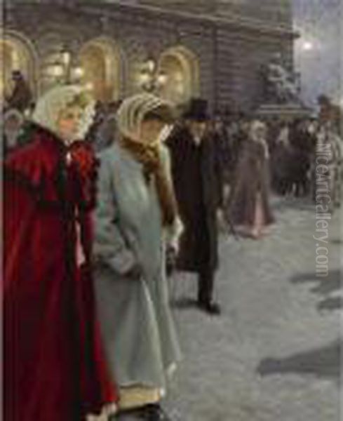 Efter Forestillingen Udenfor Det
 Kongelige Teater (after The Play Outside The Royal Theatre) Oil Painting by Paul-Gustave Fischer