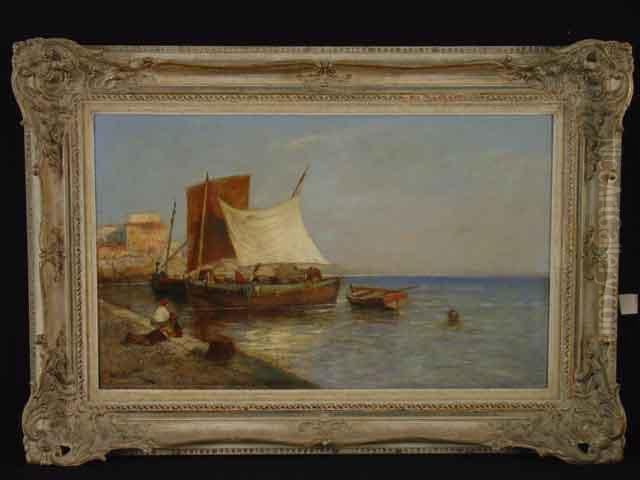 Italienische Fischerboote Am Pier Oil Painting by Georg Fischof