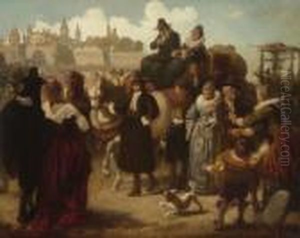 Reisende Weber Mit Ihren Wagen Vor
 Der Stadt. Oil Painting by Georg Fischof