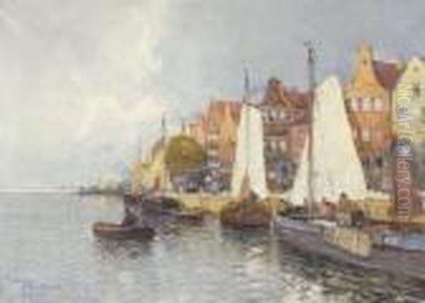 Hollandische
 Hafenansicht. Oil Painting by Georg Fischof
