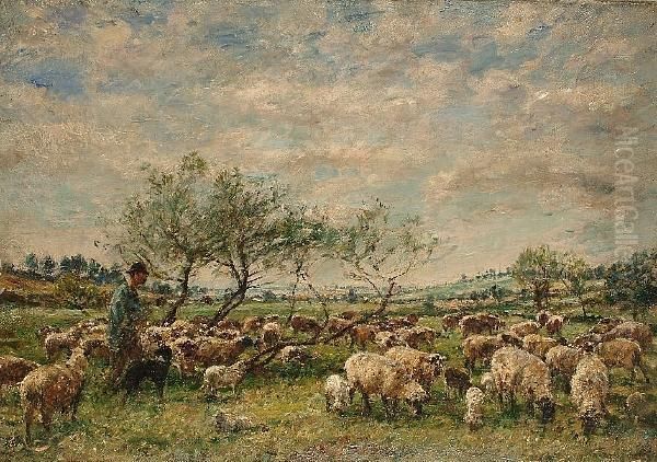 A Shepherd And His Flock In A Summer Meadow Oil Painting by William Mark Fisher