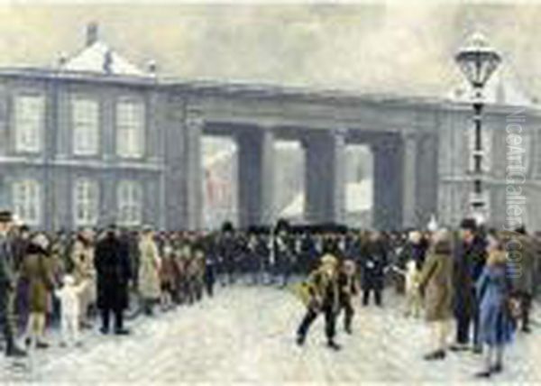 Livgarden Marcherer Ind Mod 
Amalienborg Slotsplads (guards Marching Out Of Amalienborg Castle) Oil Painting by Paul-Gustave Fischer