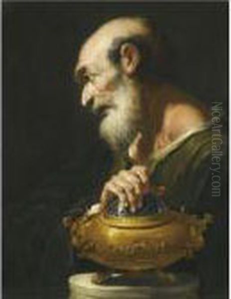 Study Of A Bearded Figure, Half 
Length, Wearing A Black Tunicwith His Hand Over A Brazier, Possibly 
Mucius Scaevola Oil Painting by Francesco Fontebasso