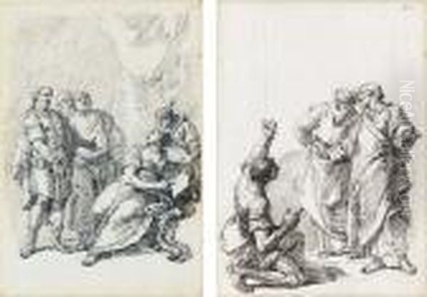 A Soldier Standing Before A 
Seated Woman Holding A Letter; And The Apostles Peter And John Healing A
 Cripple Oil Painting by Francesco Fontebasso