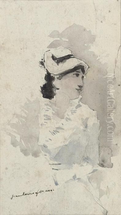 Study Of A Woman In A Blue Dress And A Hat, Half-length, Facing To Her Left Oil Painting by Jean-Louis Forain