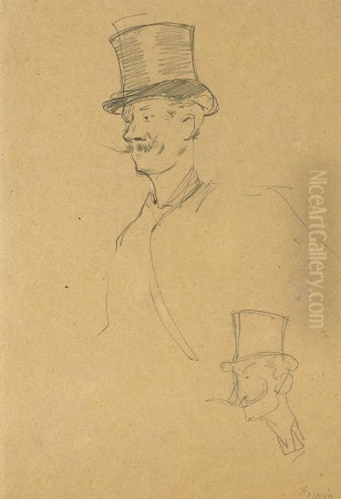 A Mustachioed Gentleman, 
Half-length, Wearing A Top Hat, And A Subsidiary Study Of The Same 
Figure Oil Painting by Jean-Louis Forain
