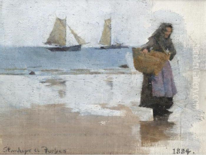 Study For A Fish Sale On A Cornish Beach Oil Painting by Stanhope Alexander Forbes