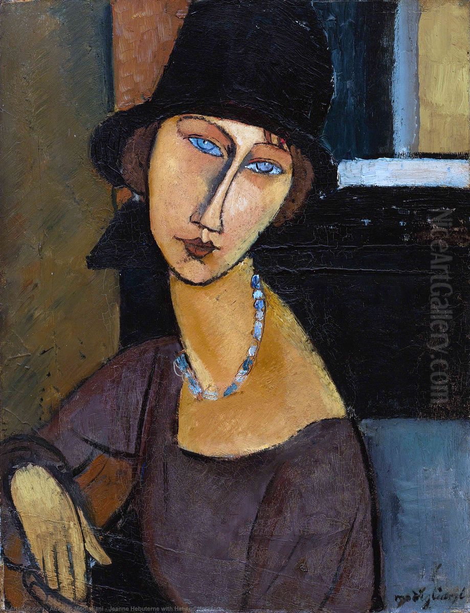 Jeanne Hebuterne with Hat and Necklace Oil Painting by Amedeo Modigliani