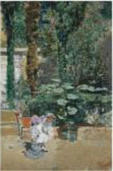 Nina En El Jardin Del Artista, 
Granada (young Girl In The Garden Of The Artist's Studio, Granada) Oil Painting by Mariano Jose Maria Bernardo Fortuny y Carbo
