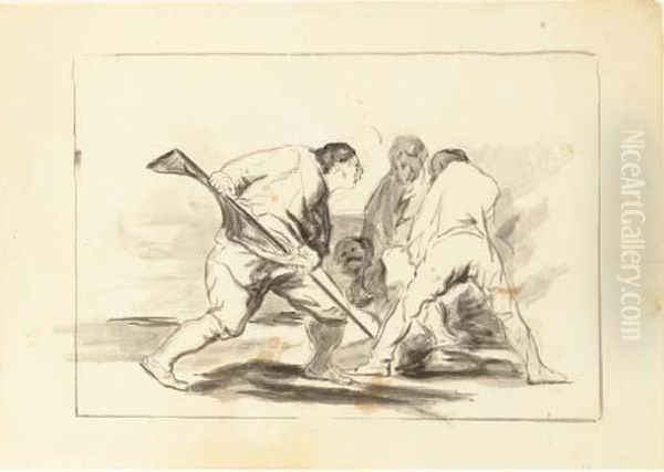 Trois Hommes Attaquant Un Homme Agenouille Oil Painting by Mariano Jose Maria Bernardo Fortuny y Carbo