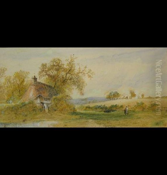 Country Scene With
Figures Outside A Cottage By A Pond Oil Painting by Myles Birket Foster