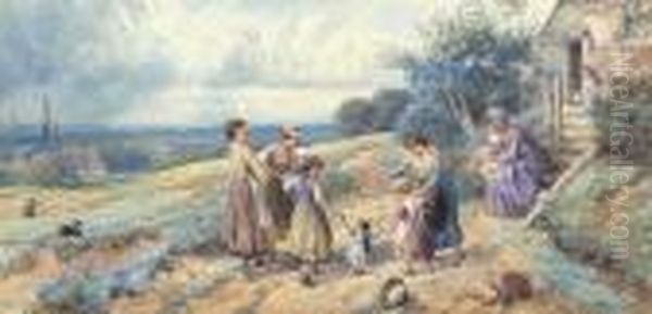 Children Playing Outside A Farmhouse, A Shepherd With His Flock Ofsheep Beyond Oil Painting by Myles Birket Foster