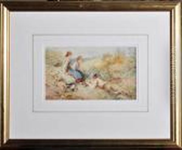 Two Girls And A Boy Examining A Bird's Nest Oil Painting by Myles Birket Foster