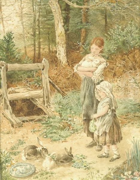 Feeding The Rabbits; The Young Mother Oil Painting by Myles Birket Foster