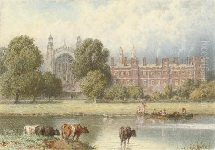 Cattle Watering Before Eton 
College, Windsor, Seen From Across Thethames And Fellows' Eyot Oil Painting by Myles Birket Foster