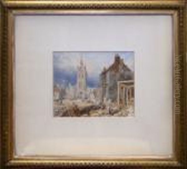 The Black Gate & St. 
Nicholas' Cathedral, Newcastle With Work In Progress On The Railway 
Viaduct In The Foreground Oil Painting by Myles Birket Foster