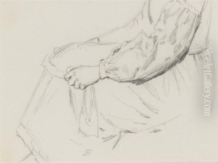 Study Of A Woman Sewing; Study Of A Woman Stretching Cloth Oil Painting by Myles Birket Foster