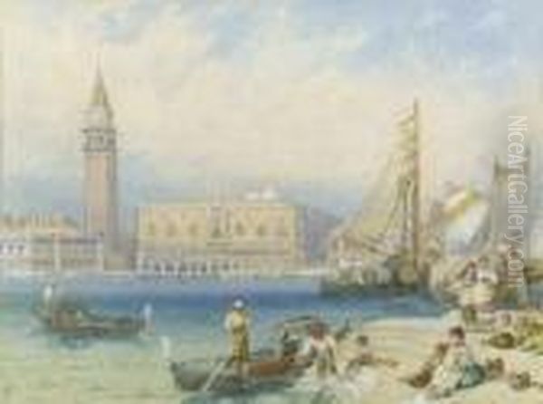 St Mark's And The Ducal Palace 
From San Giorgio; And San Giorgiofrom The Ducal Palace, Venice Oil Painting by Myles Birket Foster